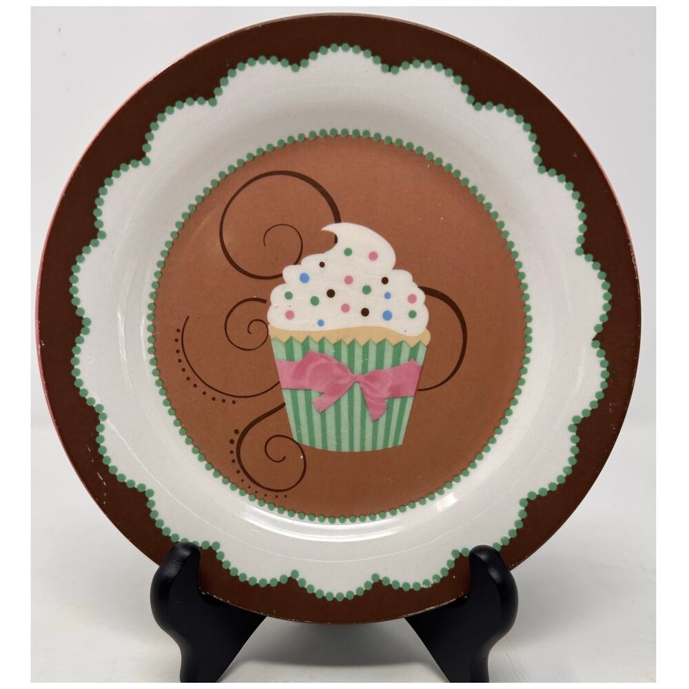 Trisa Ceramic Brown‎ Green Cupcake Dessert Plate 8"